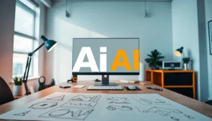 Create a custom AI logo design using innovative tools in a vibrant workspace.
