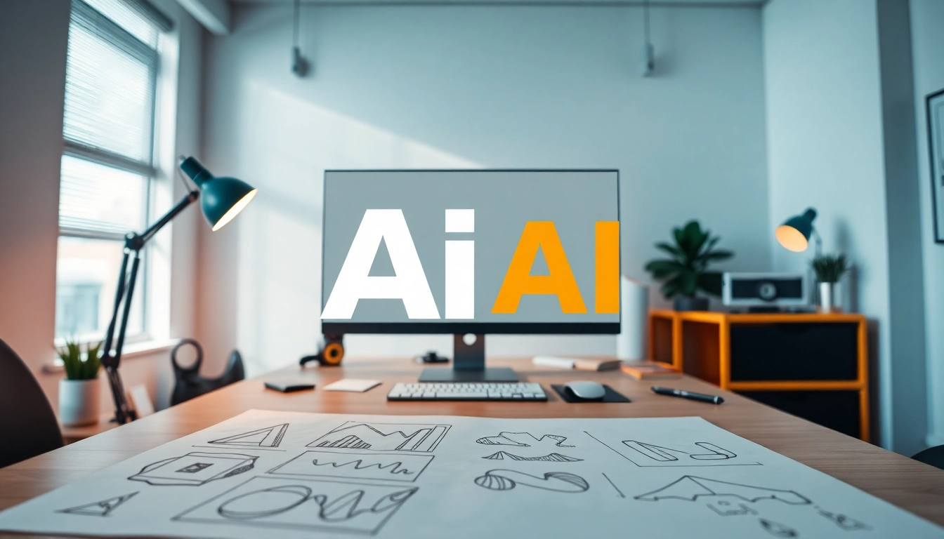 Create a custom AI logo design using innovative tools in a vibrant workspace.