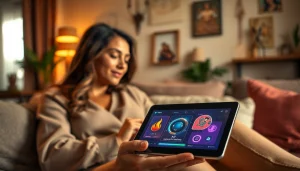Engaging couple exploring the concept of horny AI through an interactive tablet.