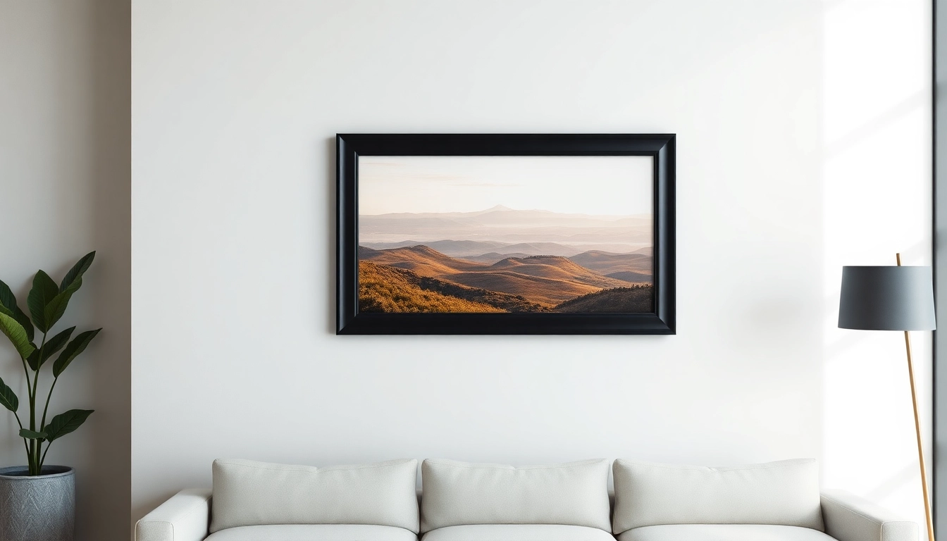Highlight a 20x30 frame featuring a vibrant landscape photograph on a modern wall setting.
