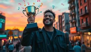 Artist celebrating Streaming Success amidst urban vibrancy, highlighting musical achievements and creativity.