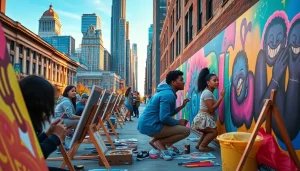 Emerging artists in Chicago painting a colorful mural, showcasing creativity and community.