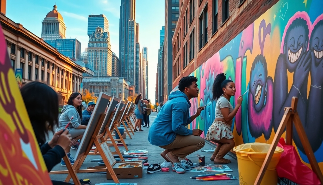 Emerging artists in Chicago painting a colorful mural, showcasing creativity and community.