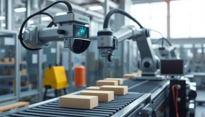 Machine vision system captures robotic inspection of products on a conveyor belt in an industrial setting.