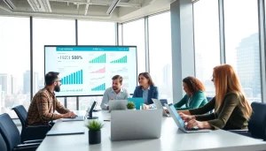 Analyze trade marketing strategies with a diverse team in a modern office.