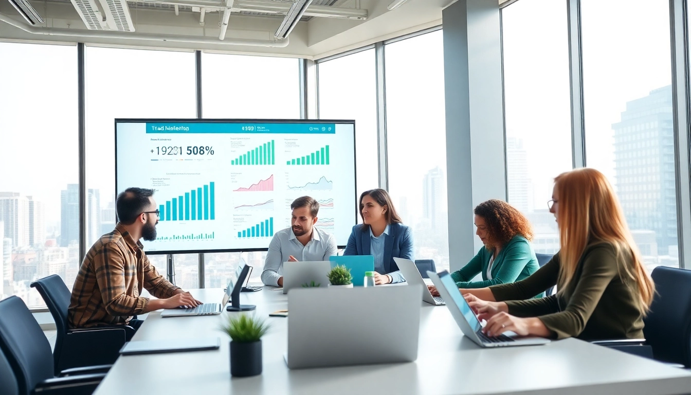 Analyze trade marketing strategies with a diverse team in a modern office.