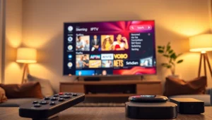 Experience IPTV Subscription USA options on a modern smart TV interface in a cozy living room setting.