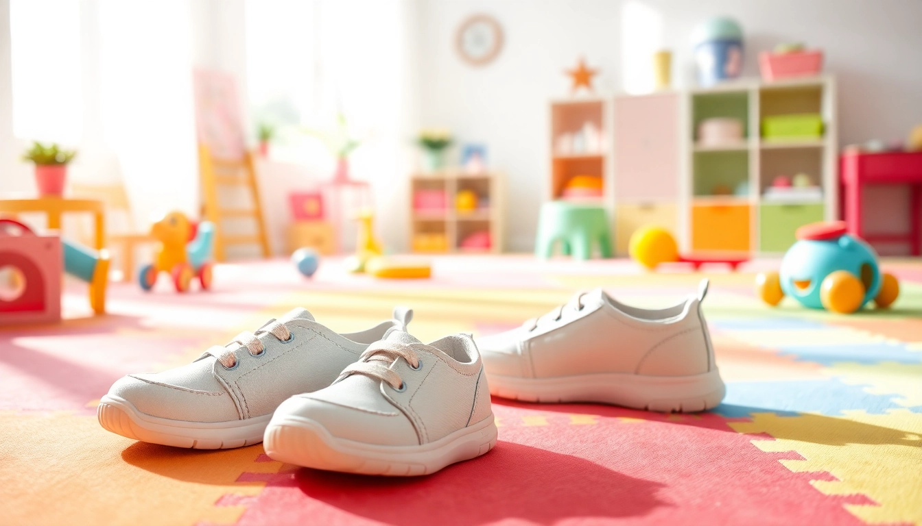 Präsentation von minimalistische Kinderschuhe in einem fröhlichen Kinderzimmer.