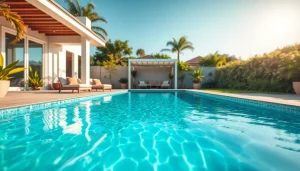 Swimming pool builder designing a stunning luxury pool in a vibrant backyard environment.