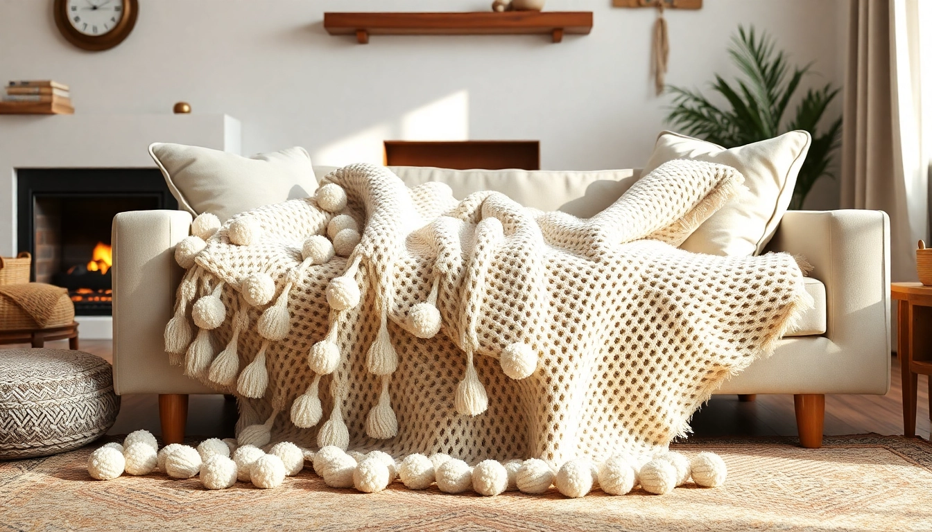 Cozy Moroccan Cotton Pompom Blankets perfectly styled on a sofa in a warm living room.