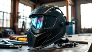 Showcase of a welding mask designed for safety and precision in a busy workshop.