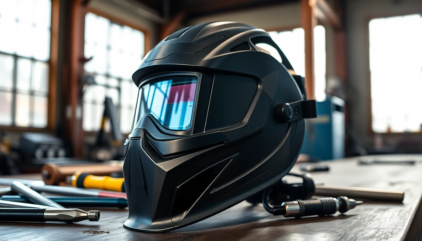 Showcase of a welding mask designed for safety and precision in a busy workshop.