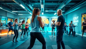 Find the best gym near me featuring trainers leading an energetic group workout.