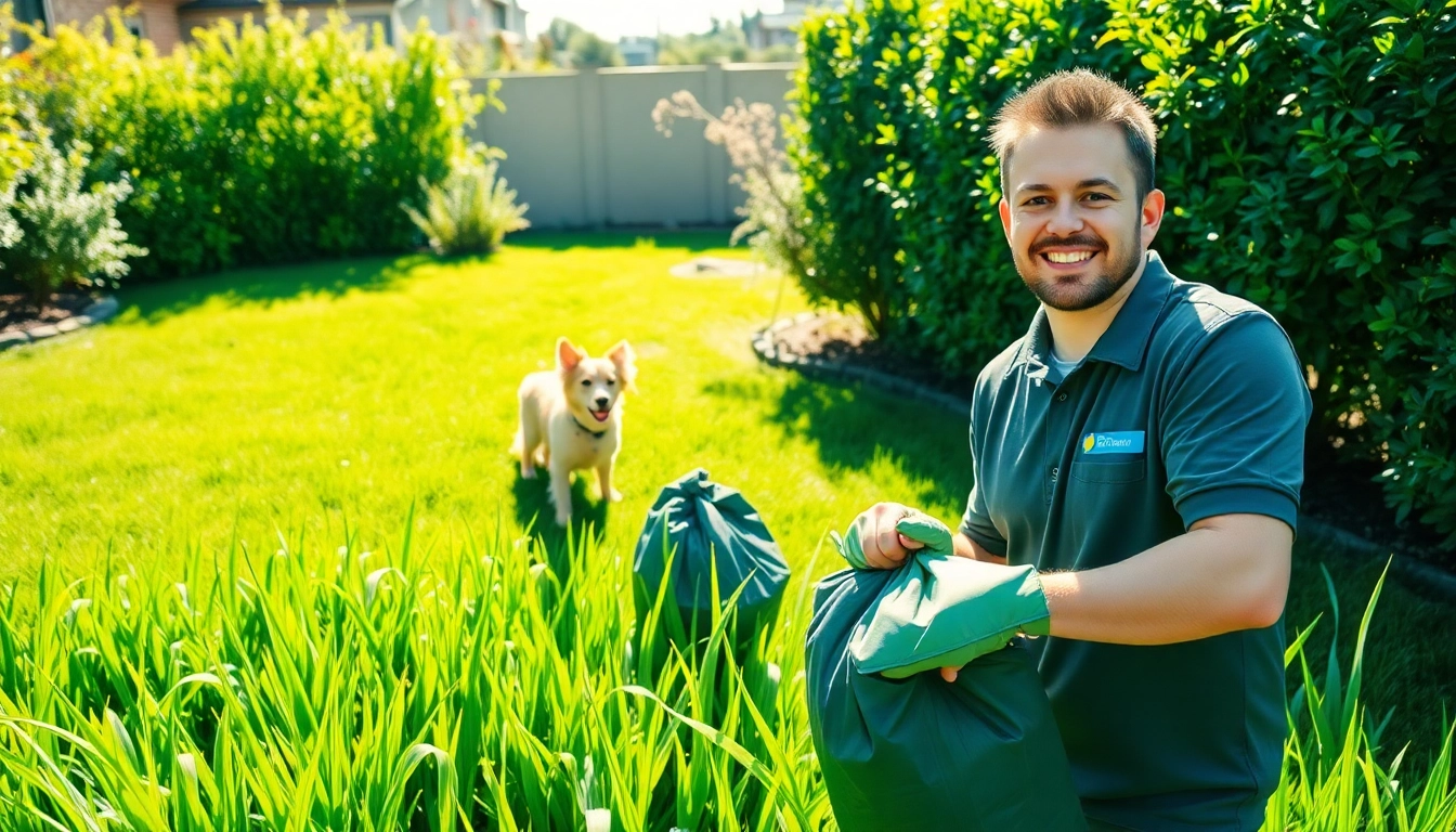 Dog clean up service in action, a professional cleaner gathering pet waste in a sunny yard