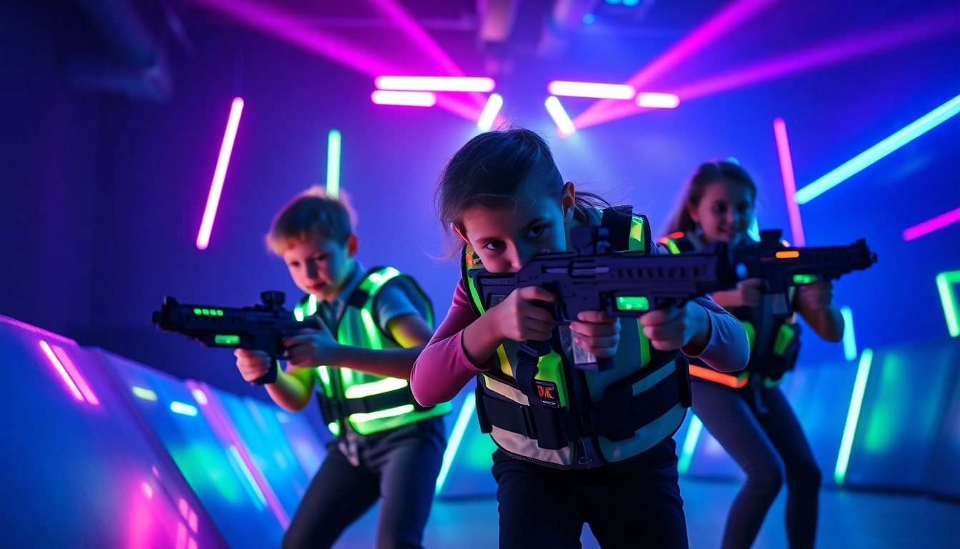 Children engage in an exciting laser tag battle with vibrant gear in a neon-lit arena.