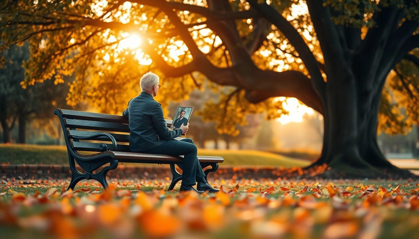 A person dealing with grief while reflecting on a lost loved one in a serene park.