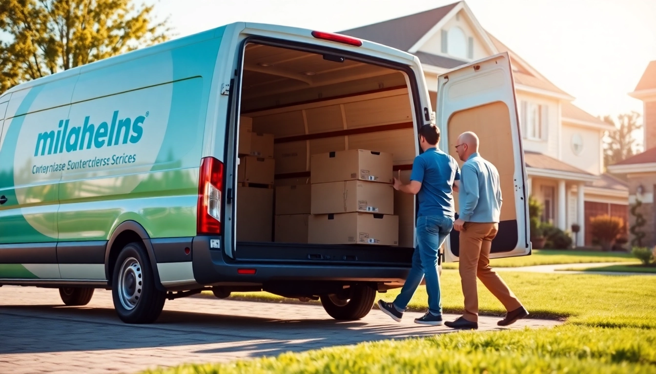 Efficient man and van moving service loading boxes in a residential area.