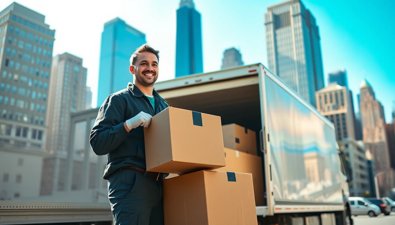 Professional mover demonstrating Cheap movers nyc services amidst the New York City skyline.
