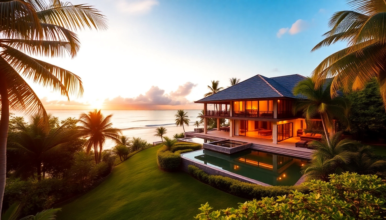 Real estate Phuket villa at sunset, emphasizing luxury and tropical surroundings for dream home seekers.