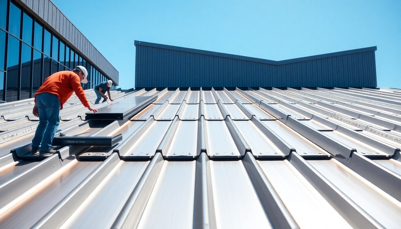 Showcasing commercial metal roofing installation with construction workers aligning polished panels.
