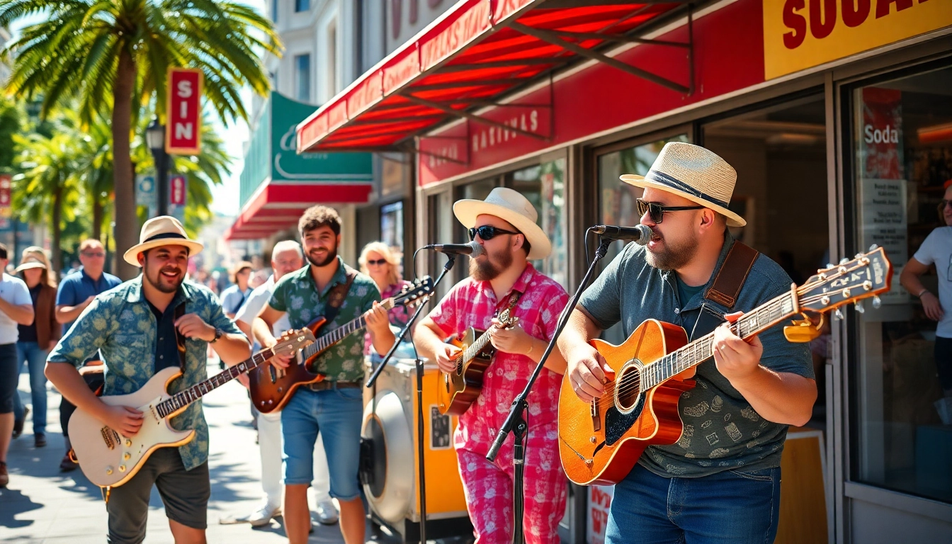 Experience 汽水音乐海外 with vibrant street performers uplifting the audience through energetic music.