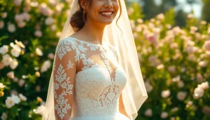 Bridal portrait featuring elegant lace wedding dresses amidst flowers in a romantic garden.