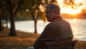 Individual reflecting in a peaceful park while dealing with grief by calm waters during sunset.
