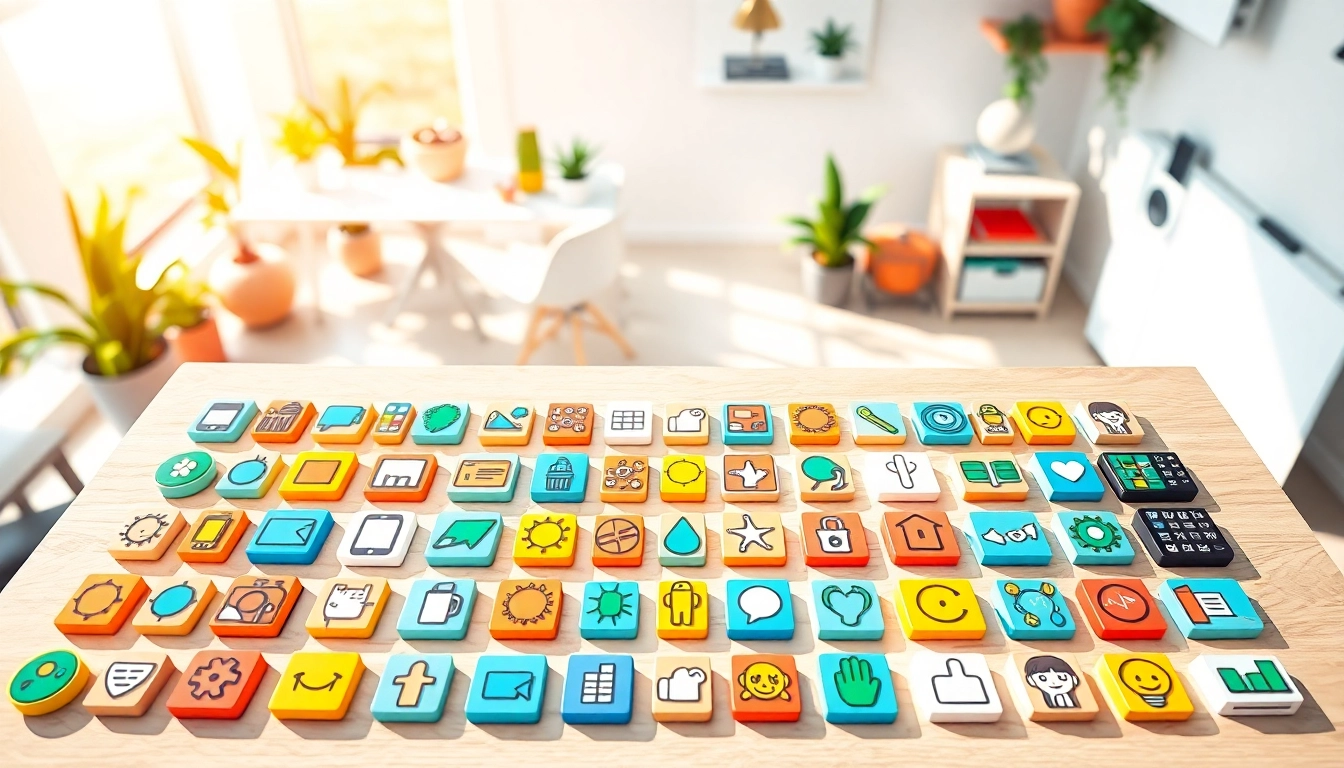 Explore vibrant icons representing diverse themes on a bright workspace.