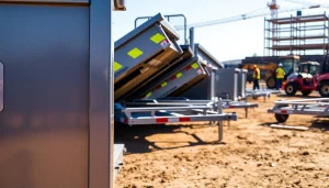Explore high-quality dumpster trailers for sale, showcasing various models in an active construction environment.