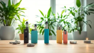 Explore vibrant nicotine free vapes artfully displayed with natural elements in a serene setting.