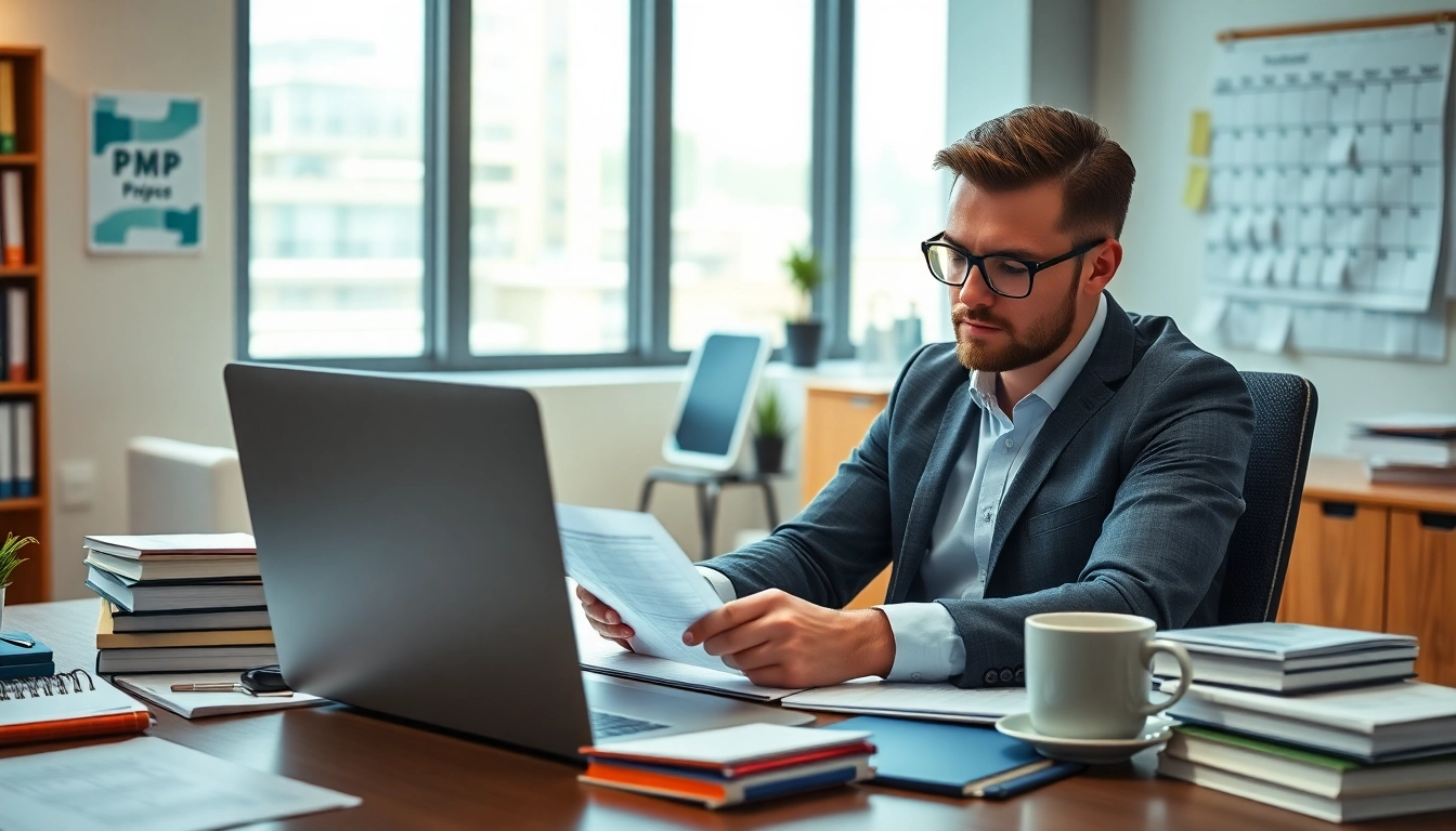 Complete PMP application examples in a focused office setting highlighting a project manager's diligence.