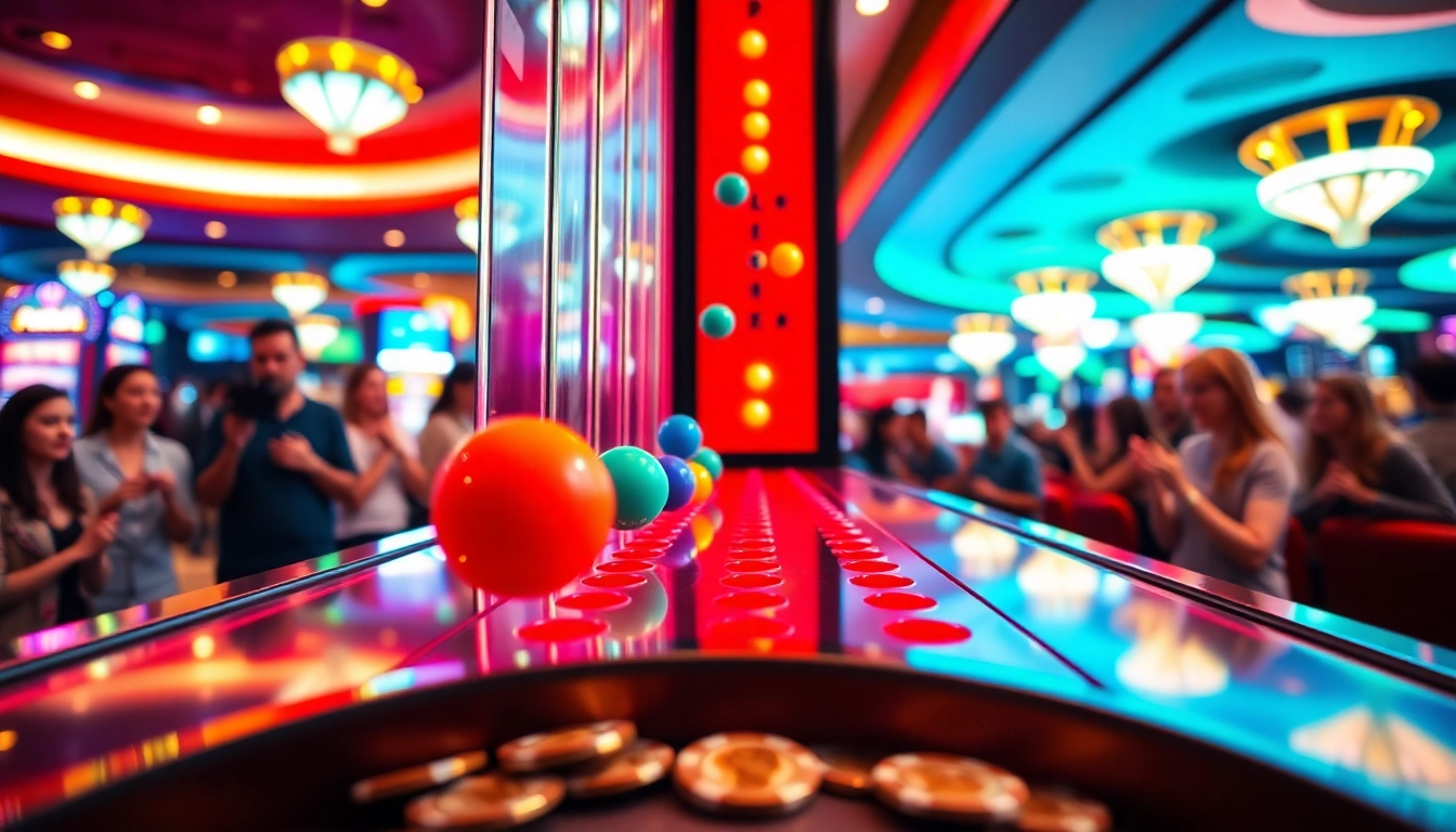 Menggugurkan bola di papan situs plinko yang cerah dan menarik.
