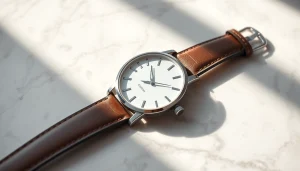 Damen Armbanduhr auf einem Marmortisch in eleganter Präsentation mit einem hochwertigen Design.