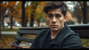 Person experiencing deep emotion during a relationship breakup, sitting on a park bench with autumn leaves.