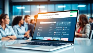 Showcasing a global business directory interface as professionals network and connect.