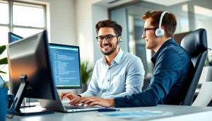 Providing expert computer IT support to a client in a modern office setting.