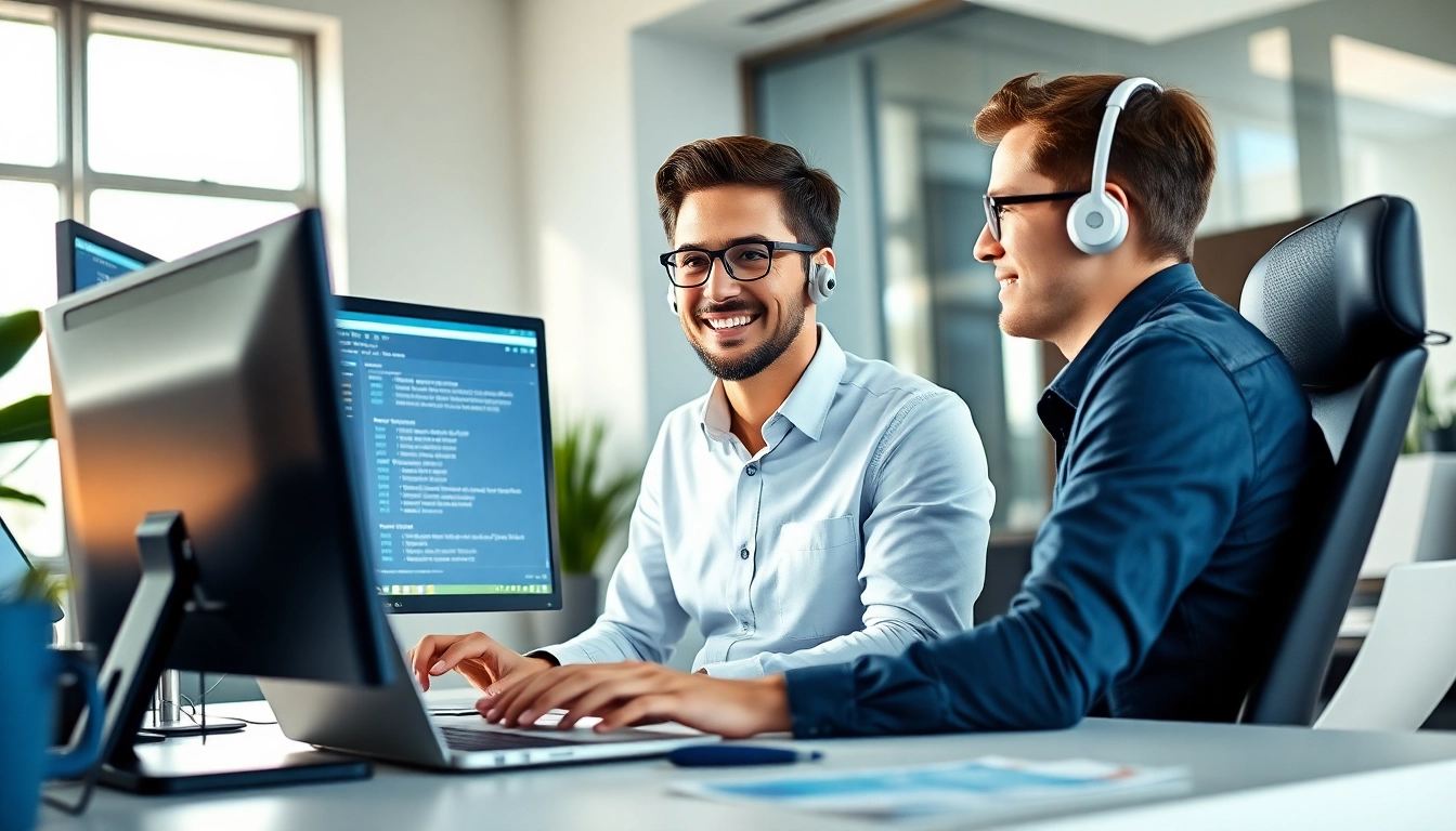 Providing expert computer IT support to a client in a modern office setting.