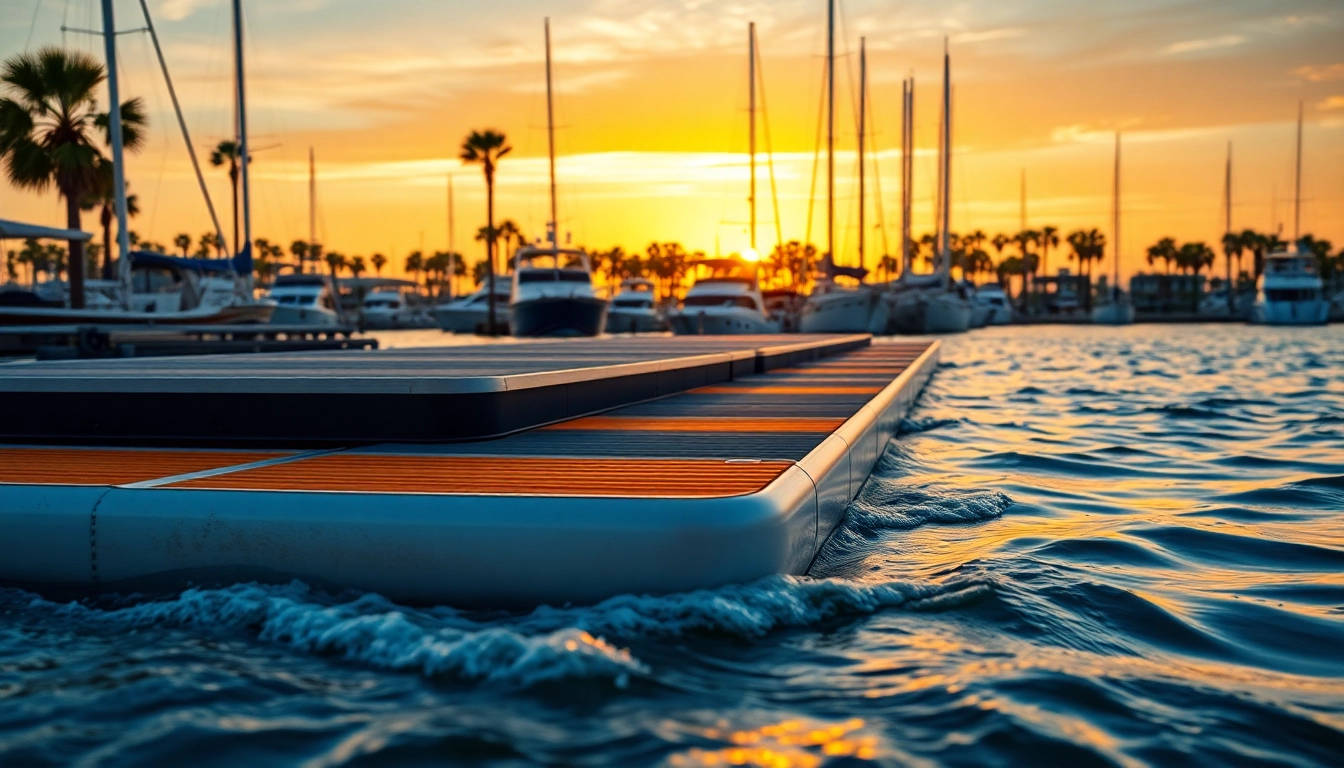 Exploring floating docks Galveston in a serene marina setting during sunset.
