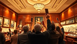 Participants engaging in a lively auction at https://www.avtales.com, featuring prestigious art and collectibles.