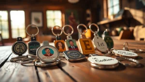 Showcasing customized keychains with vibrant designs and textures displayed on a rustic table.
