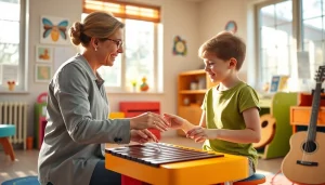 Engaging therapy session in Musiktherapie highlighted by a child playing music with a therapist.