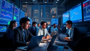 Engaged retail traders analyzing market trends in a modern trading room.