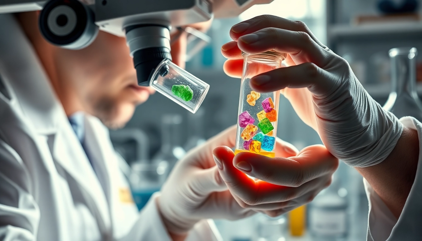 Analyze synthetic cannabinoids in a laboratory setting, showcasing colorful chemical compounds.