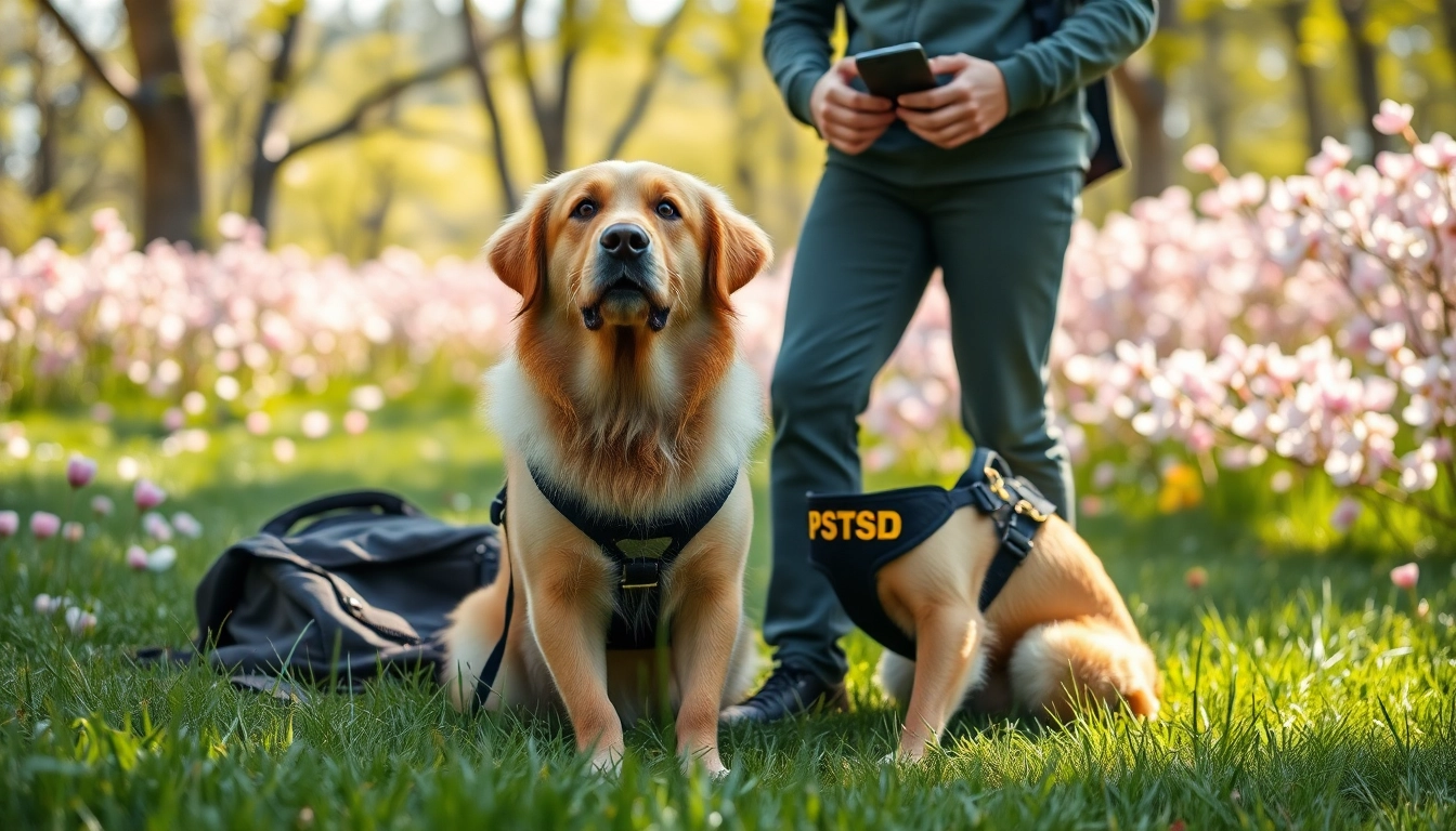 Engaging PTSD service dogs for sale with a dedicated handler in a peaceful park.