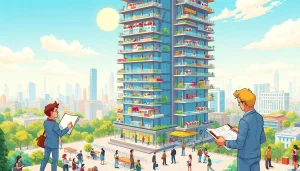 Engage with an illustrated bustling skyscraper where you can play sim tower and manage facilities.