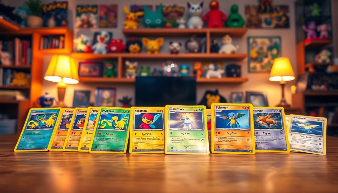 Showcase of real pokemon cards on a tabletop, highlighting rare holographic designs and memorabilia.
