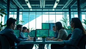 Team engaged in cloud infrastructure and DevOps services collaboration in a modern office environment.