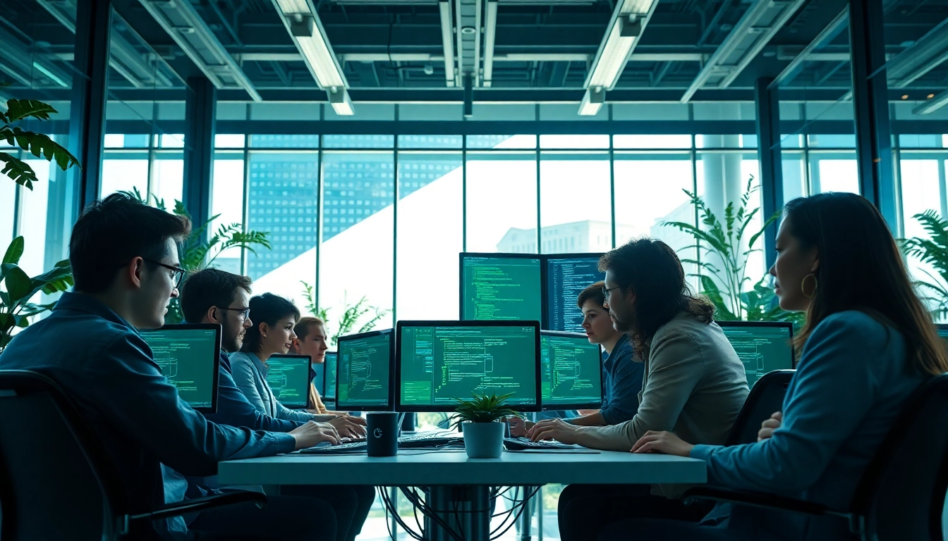 Team engaged in cloud infrastructure and DevOps services collaboration in a modern office environment.