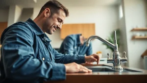 Plumber repairing fixtures in a kitchen, emphasizing Greater Sydney Plumbing services with a professional touch.