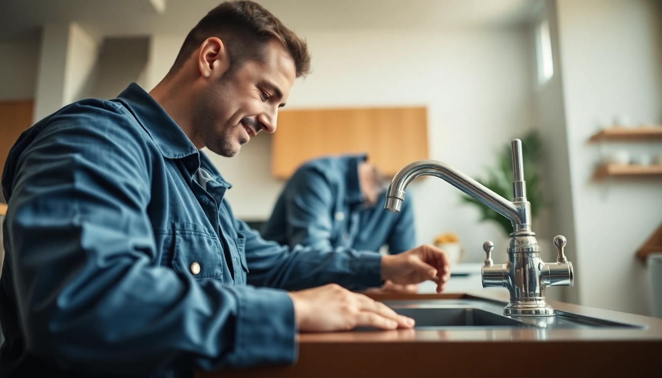Plumber repairing fixtures in a kitchen, emphasizing Greater Sydney Plumbing services with a professional touch.